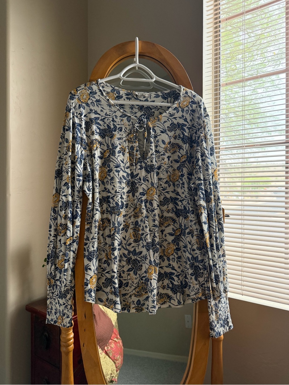 Lucky Brand Cream Floral Tie-Neck Peasant Blouse